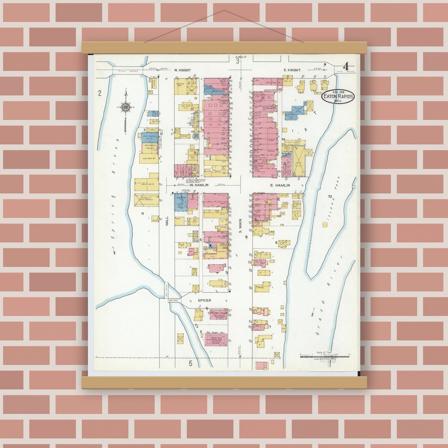 Old map wall art mockup — magnetic wood frame on brick wall — Sanborn Fire Insurance Map from Eaton Rapids, Eaton County, Michigan (1918), Sheet #0004