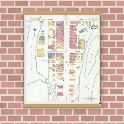 Old map wall art mockup — magnetic wood frame on brick wall — Sanborn Fire Insurance Map from Eaton Rapids, Eaton County, Michigan (1918), Sheet #0004