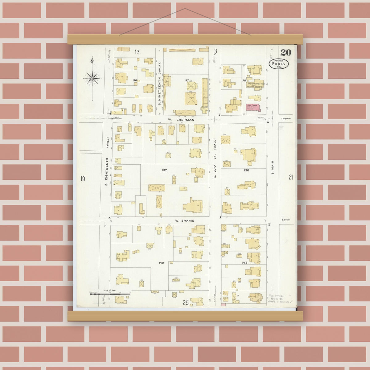 Old map wall art mockup — magnetic wood frame on brick wall — Sanborn Fire Insurance Map from Paris, Lamar County, Texas (1908), Sheet #0020