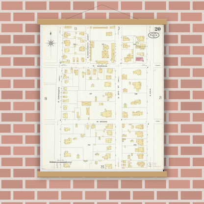 Old map wall art mockup — magnetic wood frame on brick wall — Sanborn Fire Insurance Map from Paris, Lamar County, Texas (1908), Sheet #0020