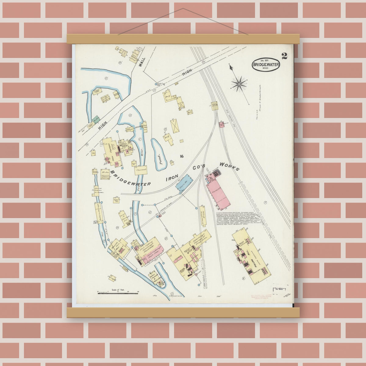Old map wall art mockup — magnetic wood frame on brick wall — Sanborn Fire Insurance Map from Bridgewater, Plymouth County, Massachusetts (1891), Sheet #0002
