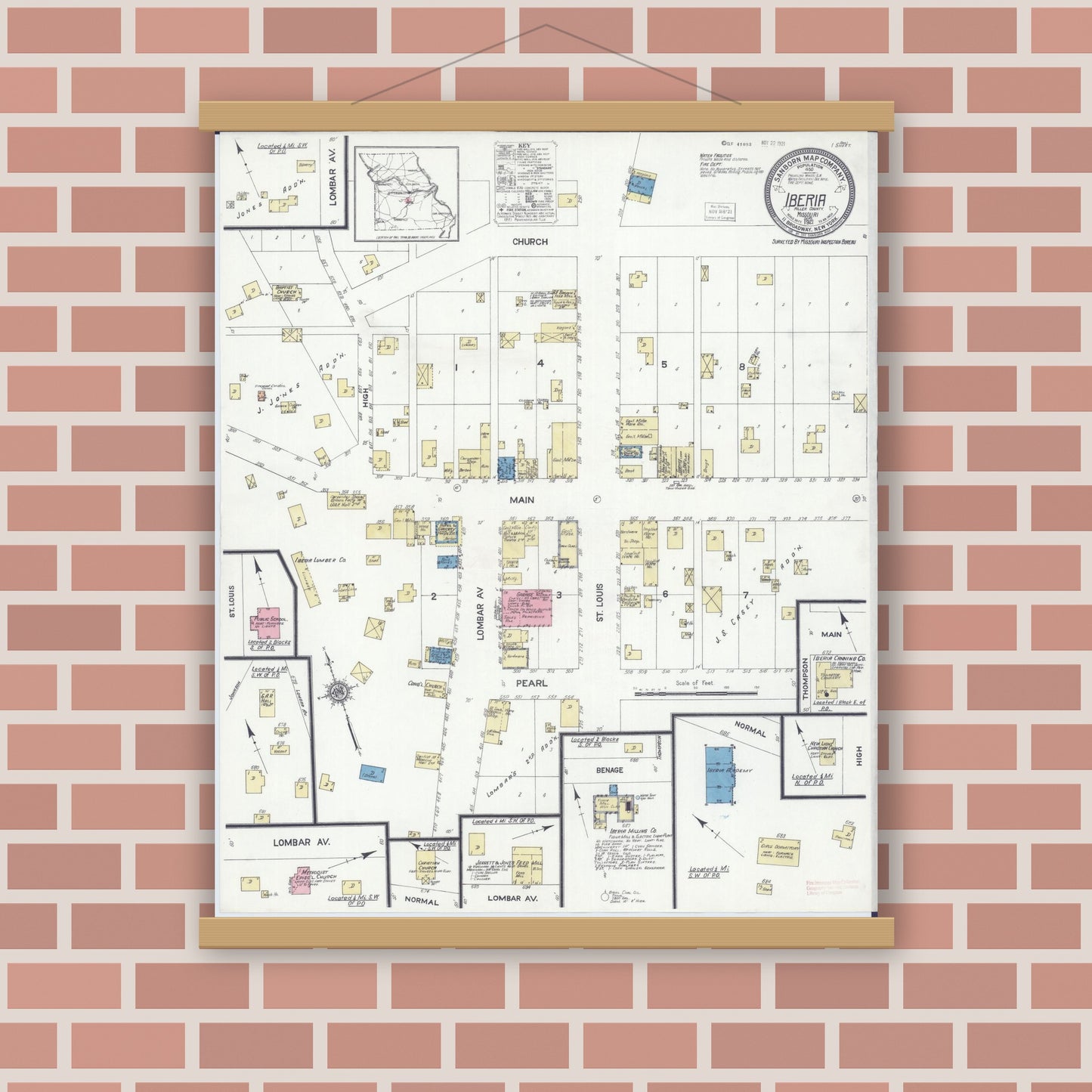 Old map wall art mockup — magnetic wood frame on brick wall — Sanborn Fire Insurance Map from Iberia, Miller County, Missouri (1921), Sheet #0001