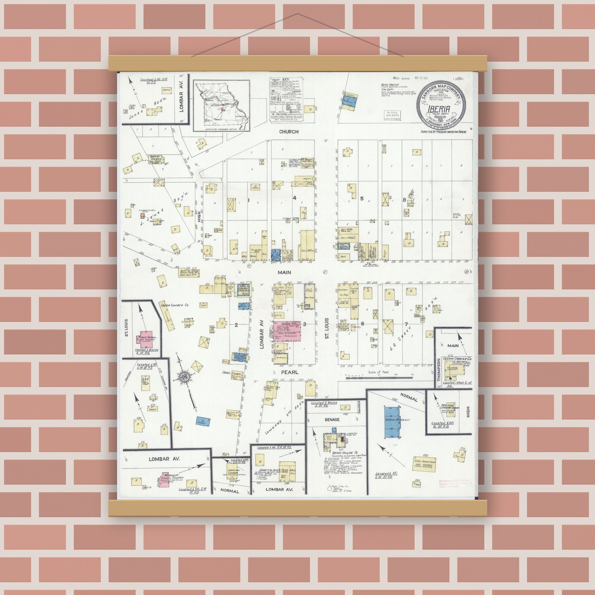 Old map wall art mockup — magnetic wood frame on brick wall — Sanborn Fire Insurance Map from Iberia, Miller County, Missouri (1921), Sheet #0001
