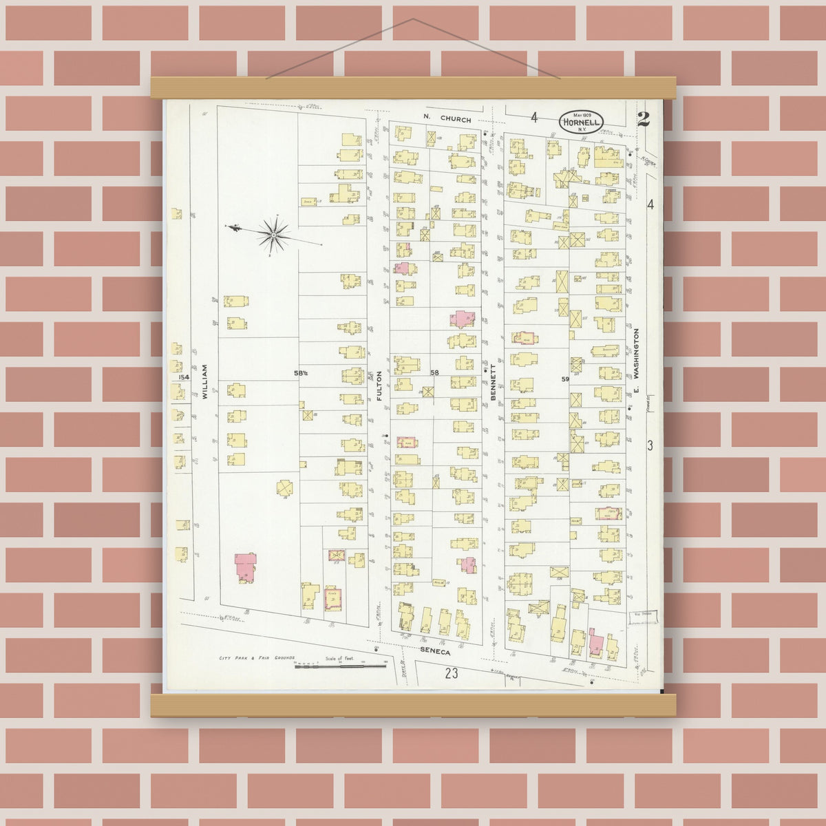 Old map wall art mockup — magnetic wood frame on brick wall — Sanborn Fire Insurance Map from Hornell, Steuben County, New York (1909) - Complete Map Set