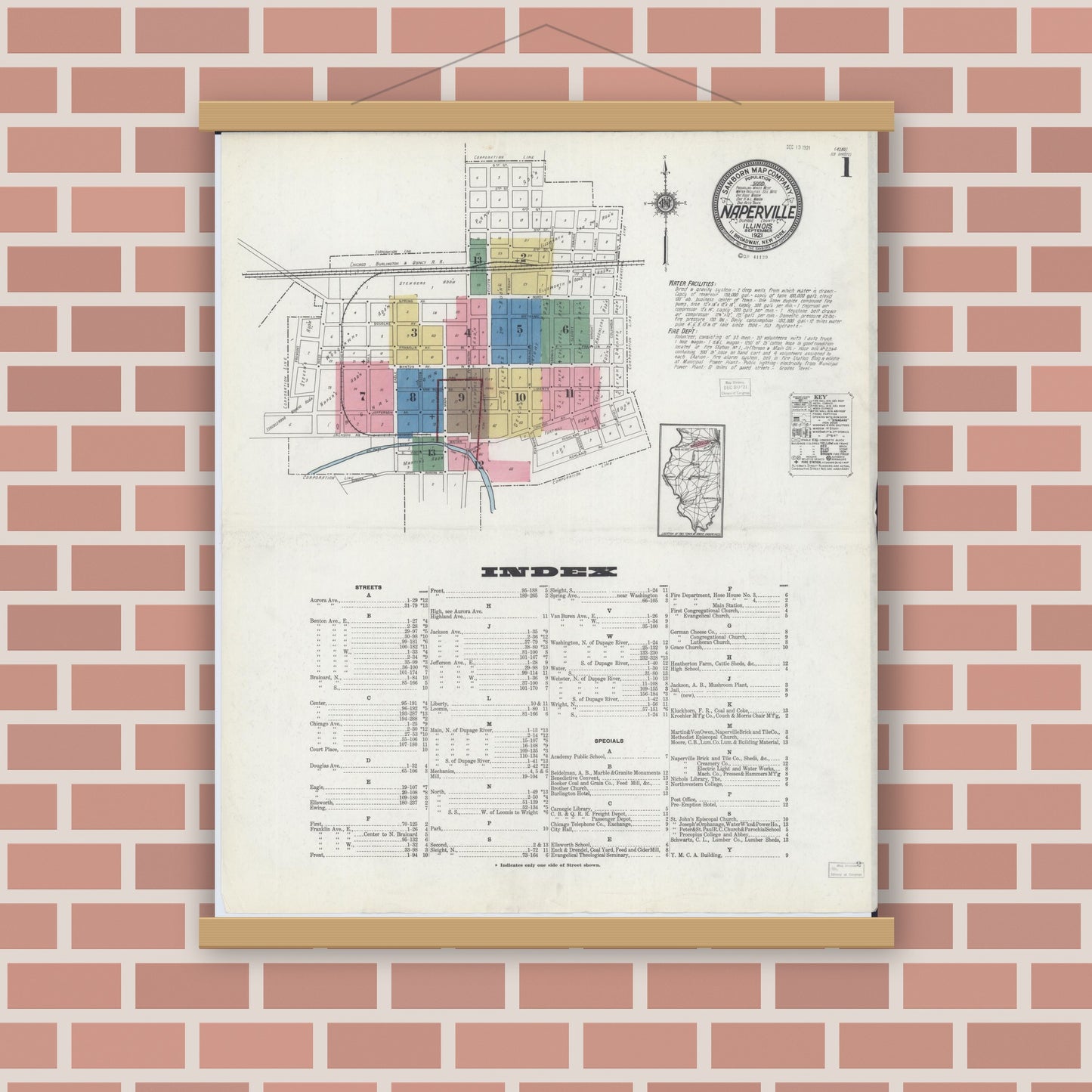 Old map wall art mockup — magnetic wood frame on brick wall — Sanborn Fire Insurance Map from Naperville, Du Page County, Illinois (1921) - Complete Map Set