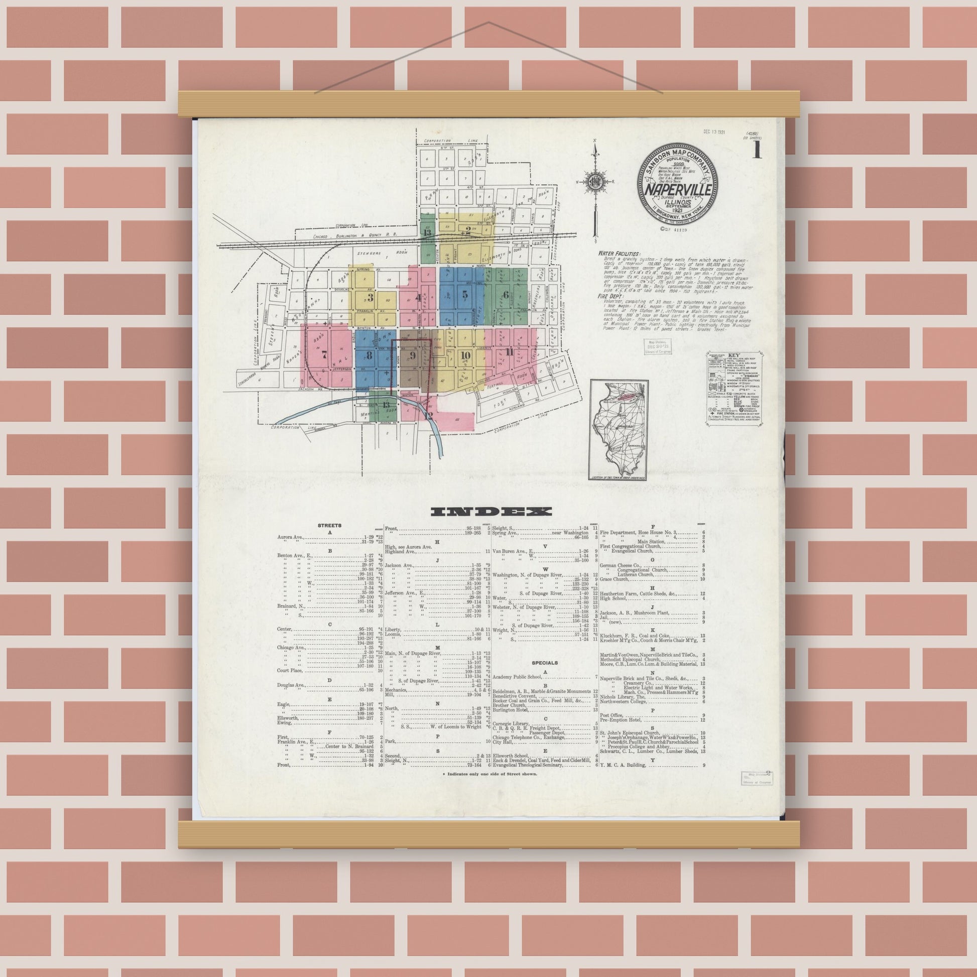 Old map wall art mockup — magnetic wood frame on brick wall — Sanborn Fire Insurance Map from Naperville, Du Page County, Illinois (1921) - Complete Map Set