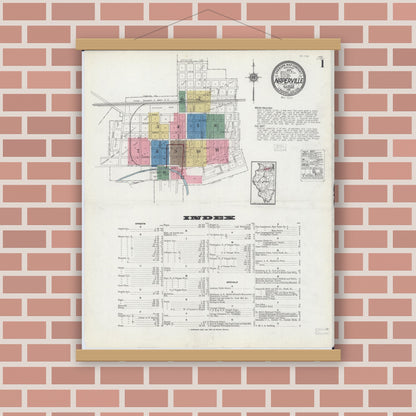 Old map wall art mockup — magnetic wood frame on brick wall — Sanborn Fire Insurance Map from Naperville, Du Page County, Illinois (1921) - Complete Map Set