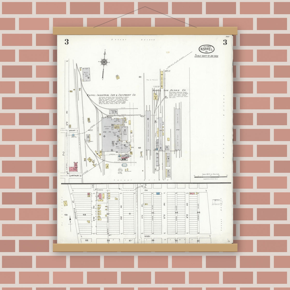 Old map wall art mockup — magnetic wood frame on brick wall — Sanborn Fire Insurance Map from Koppel, Beaver County, Pennsylvania (1923), Sheet #0003