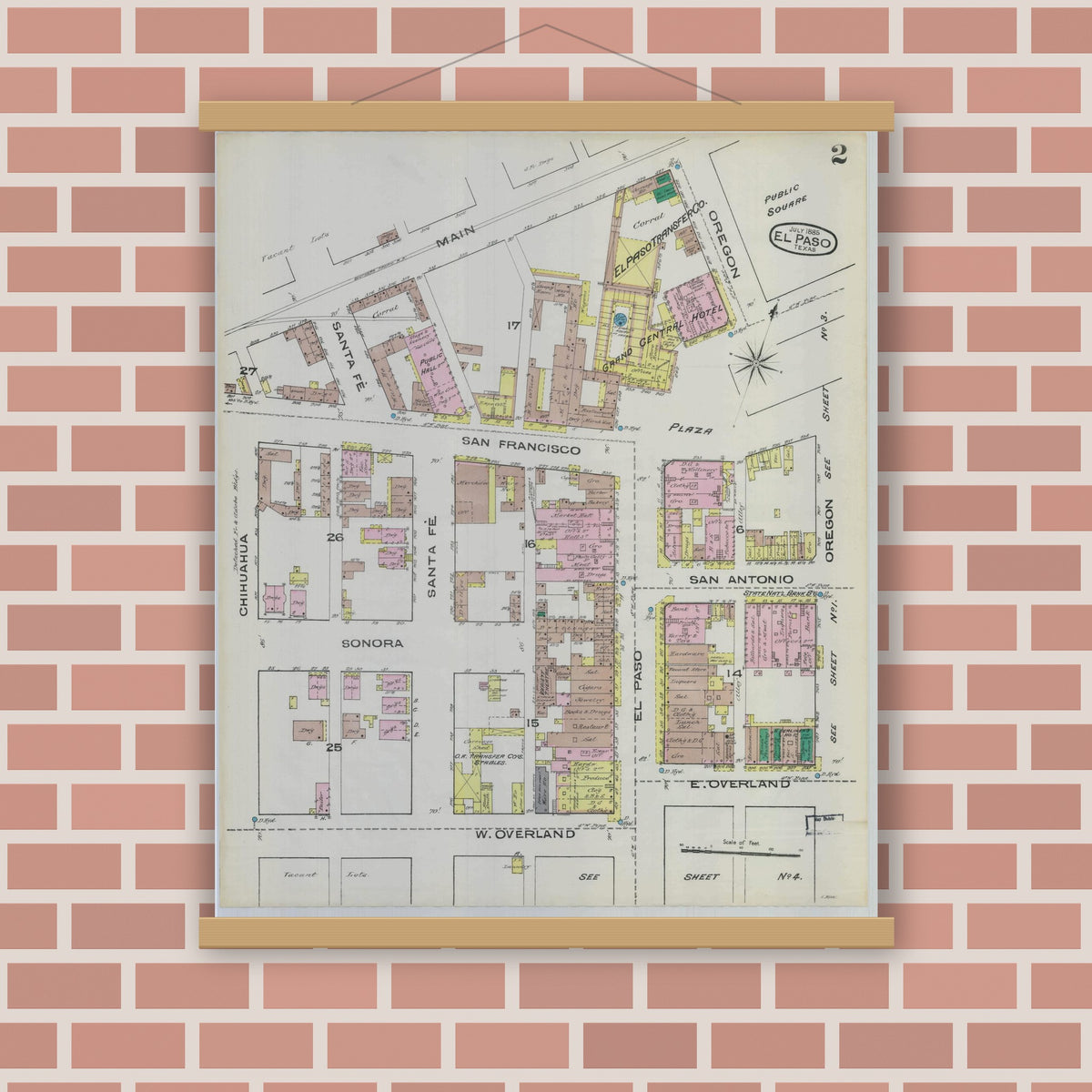 Old map wall art mockup — magnetic wood frame on brick wall — Sanborn Fire Insurance Map from El Paso, El Paso County, Texas (1885), Sheet #0002