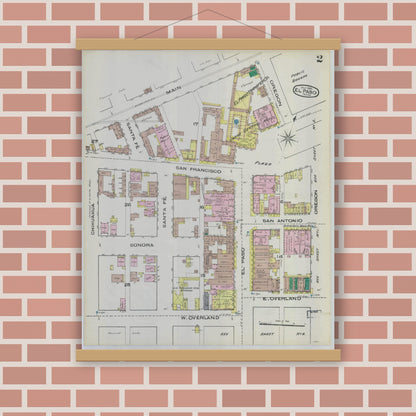 Old map wall art mockup — magnetic wood frame on brick wall — Sanborn Fire Insurance Map from El Paso, El Paso County, Texas (1885), Sheet #0002