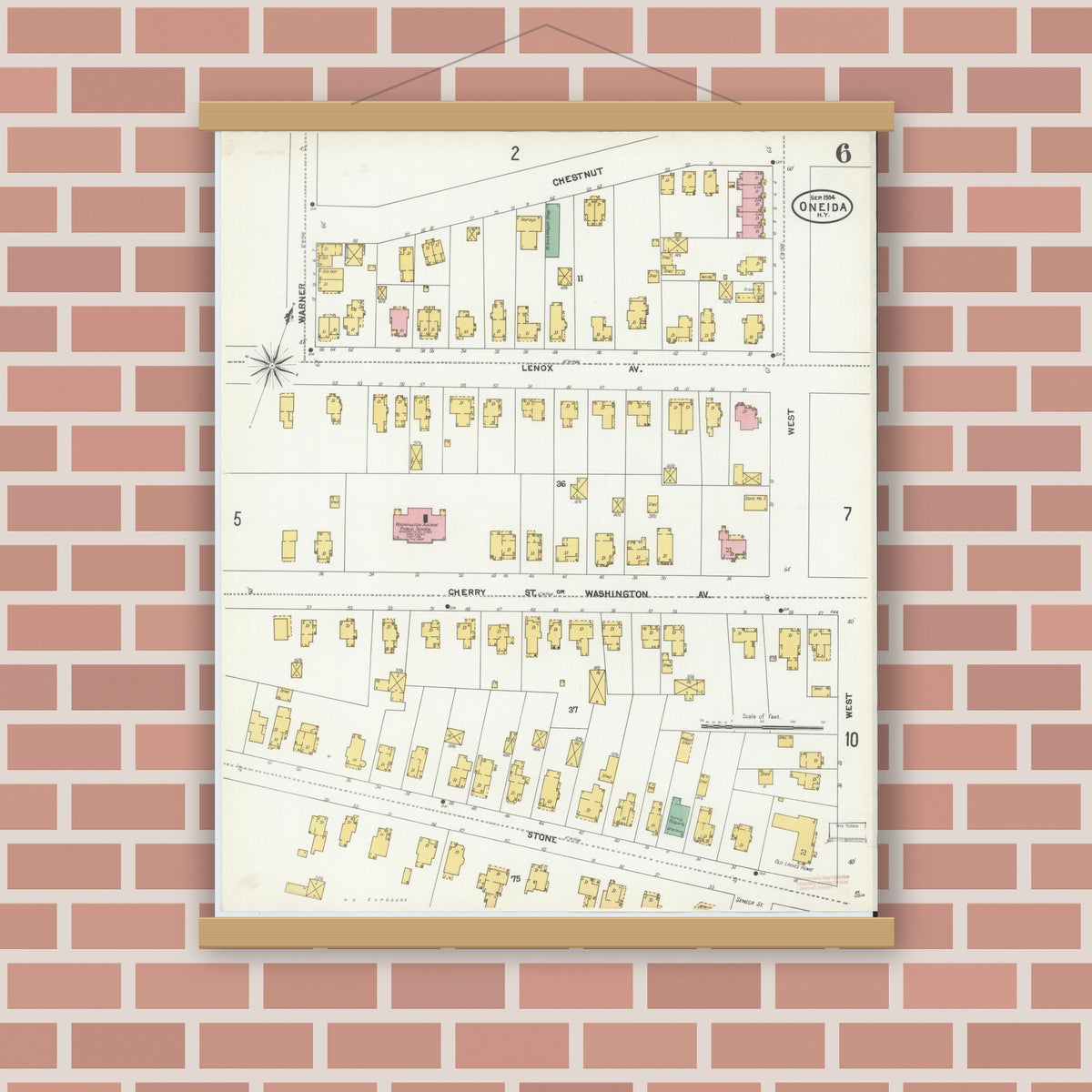 Old map wall art mockup — magnetic wood frame on brick wall — Sanborn Fire Insurance Map from Oneida, Madison County, New York (1904), Sheet #0005