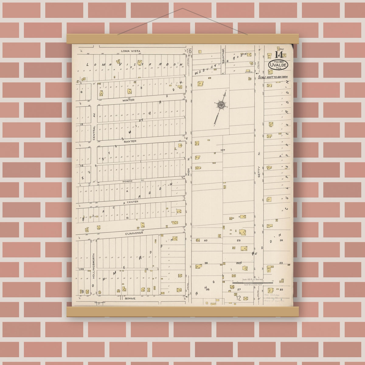 Old map wall art mockup — magnetic wood frame on brick wall — Sanborn Fire Insurance Map from Uvalde, Uvalde County, Texas (1922), Sheet #0014