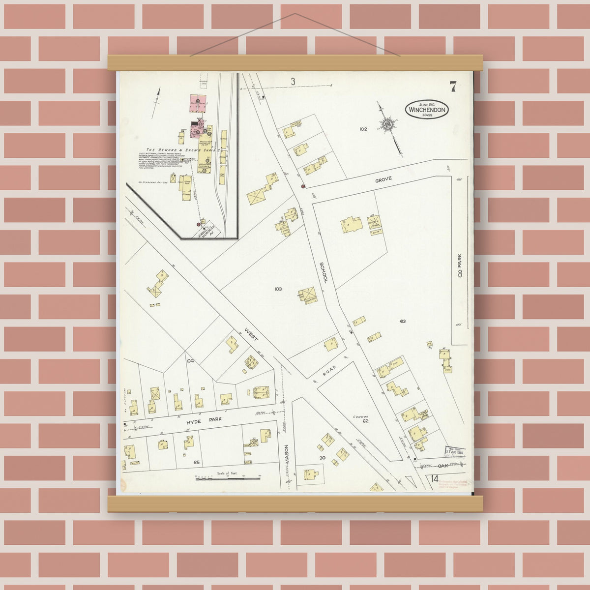 Old map wall art mockup — magnetic wood frame on brick wall — Sanborn Fire Insurance Map from Winchendon, Worcester County, Massachusetts (1914), Sheet #0007