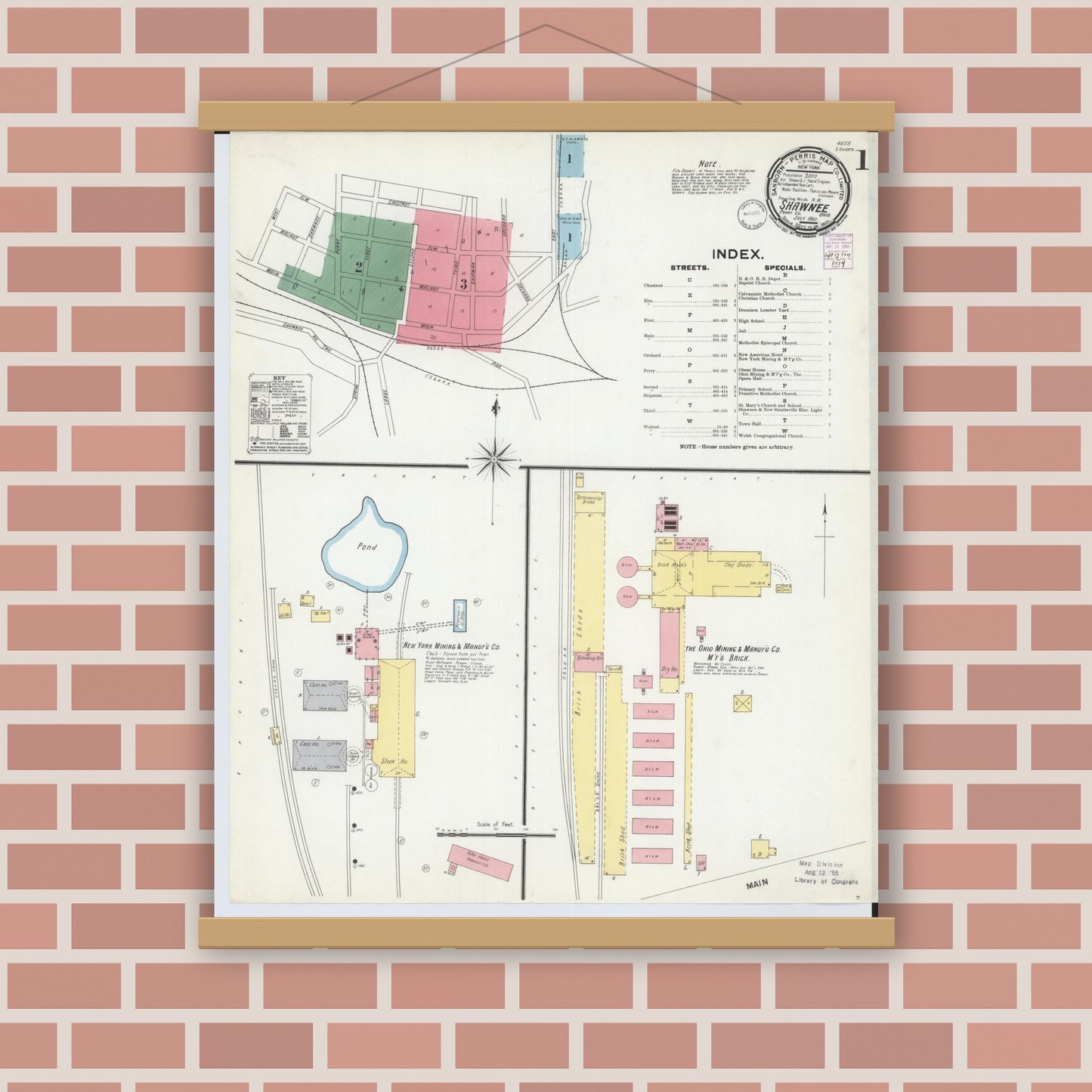 Old map wall art mockup — magnetic wood frame on brick wall — Sanborn Fire Insurance Map from Shawnee, Perry County, Ohio (1901) - Complete Map Set