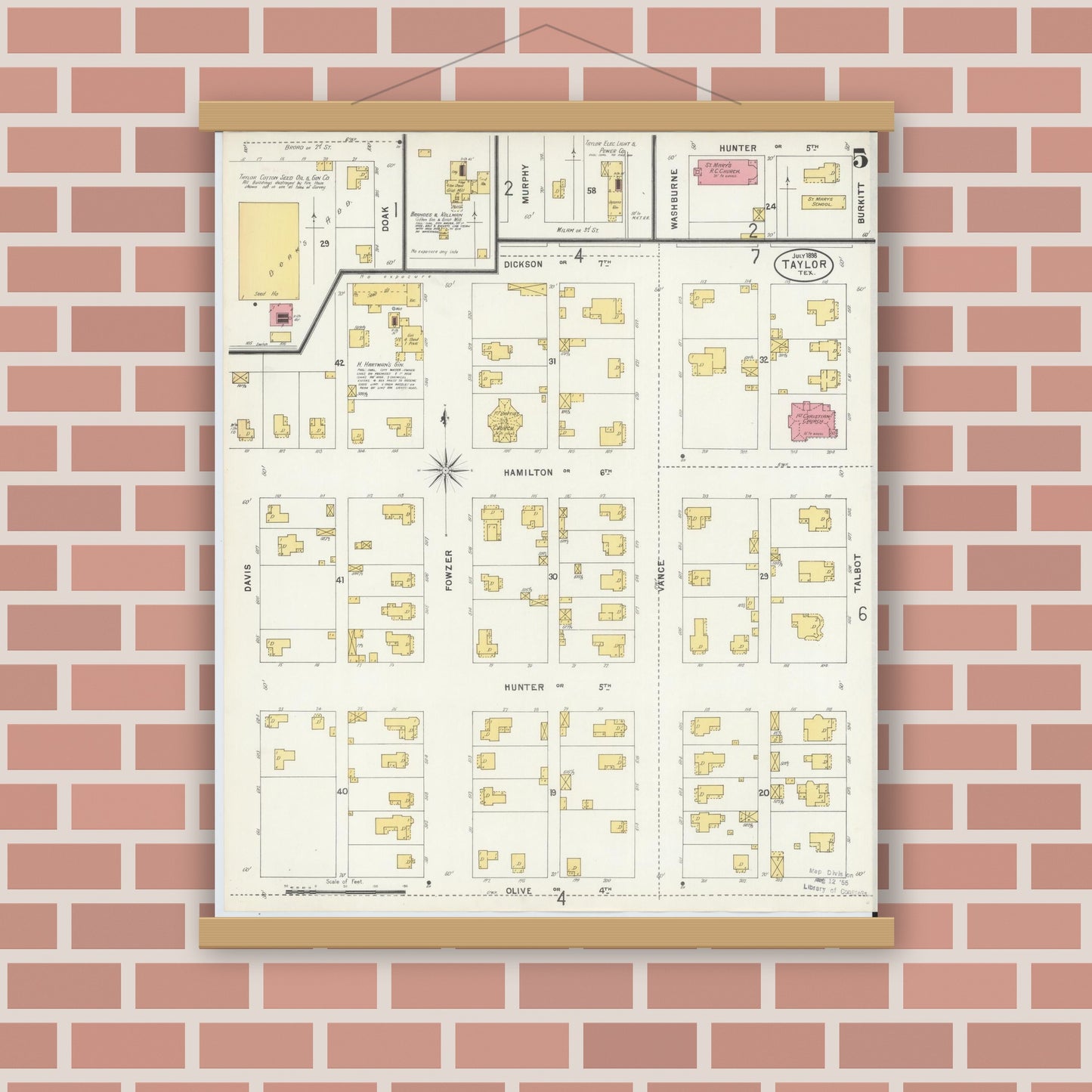 Old map wall art mockup — magnetic wood frame on brick wall — Sanborn Fire Insurance Map from Taylor, Williamson County, Texas (1898), Sheet #0005