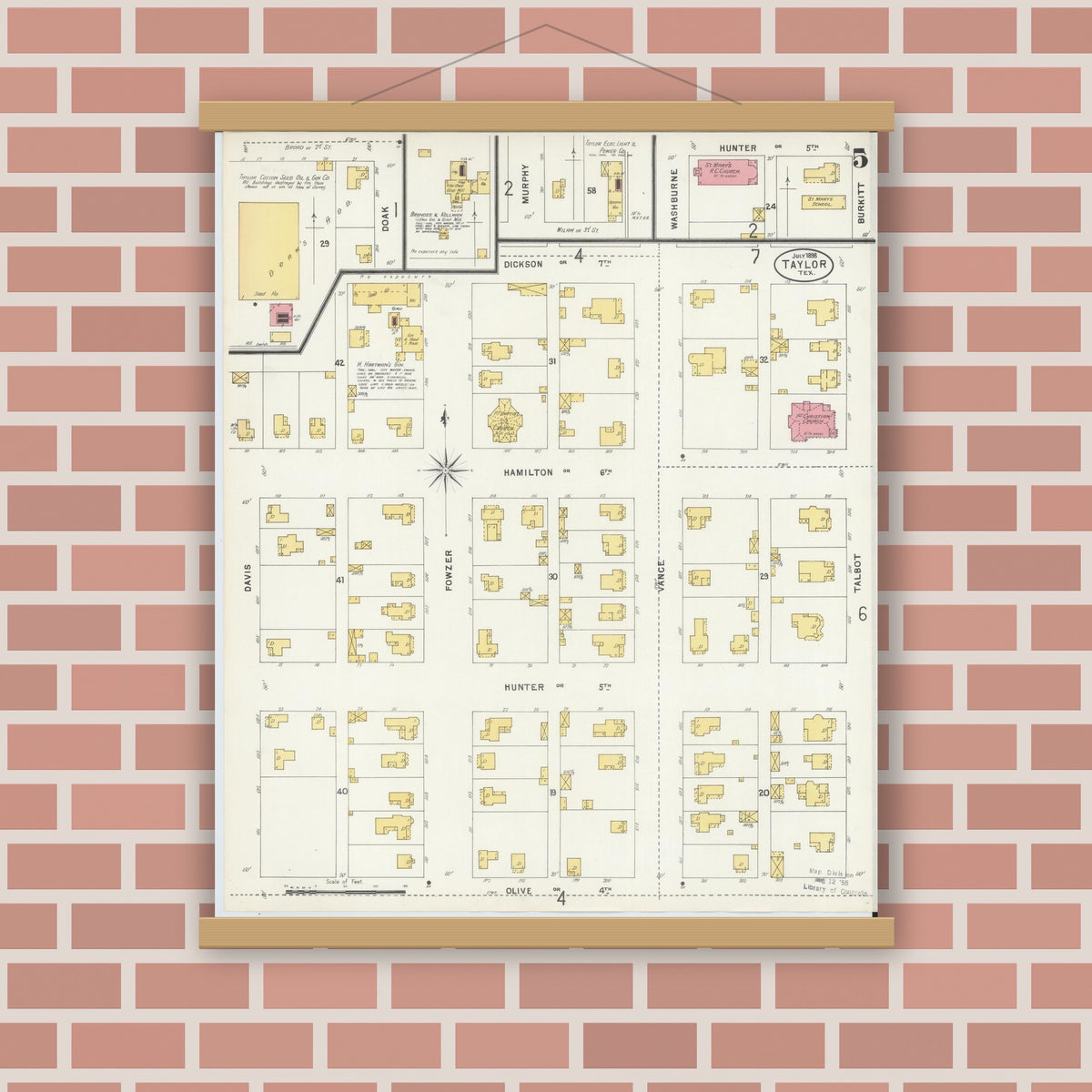 Old map wall art mockup — magnetic wood frame on brick wall — Sanborn Fire Insurance Map from Taylor, Williamson County, Texas (1898), Sheet #0005