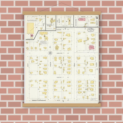 Old map wall art mockup — magnetic wood frame on brick wall — Sanborn Fire Insurance Map from Taylor, Williamson County, Texas (1898), Sheet #0005