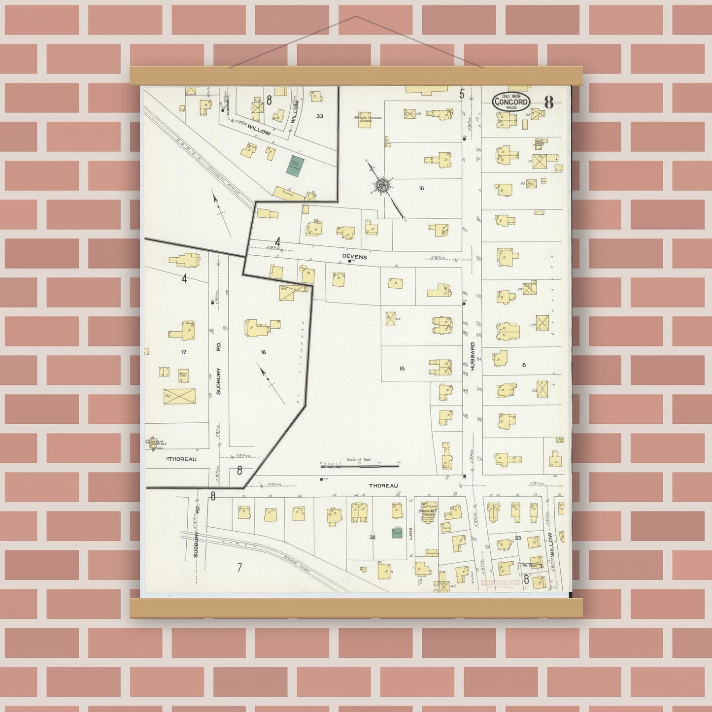 Old map wall art mockup — magnetic wood frame on brick wall — Sanborn Fire Insurance Map from Concord, Middlesex County, Massachusetts (1909), Sheet #0008