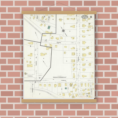 Old map wall art mockup — magnetic wood frame on brick wall — Sanborn Fire Insurance Map from Concord, Middlesex County, Massachusetts (1909), Sheet #0008