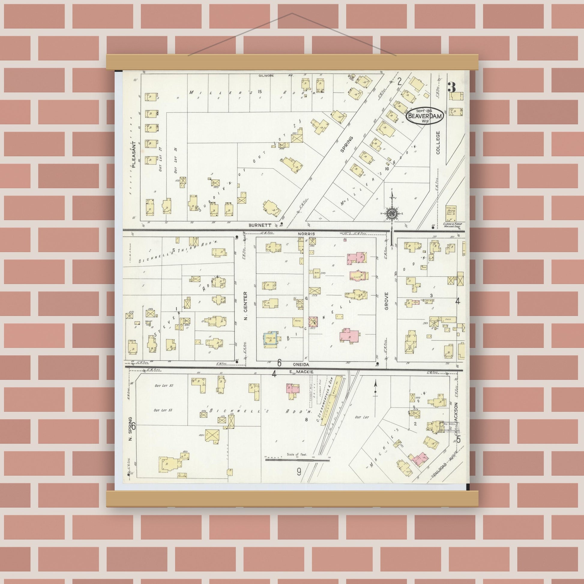 Old map wall art mockup — magnetic wood frame on brick wall — Sanborn Fire Insurance Map from Beaver Dam, Dodge County, Wisconsin (1914), Sheet #0003
