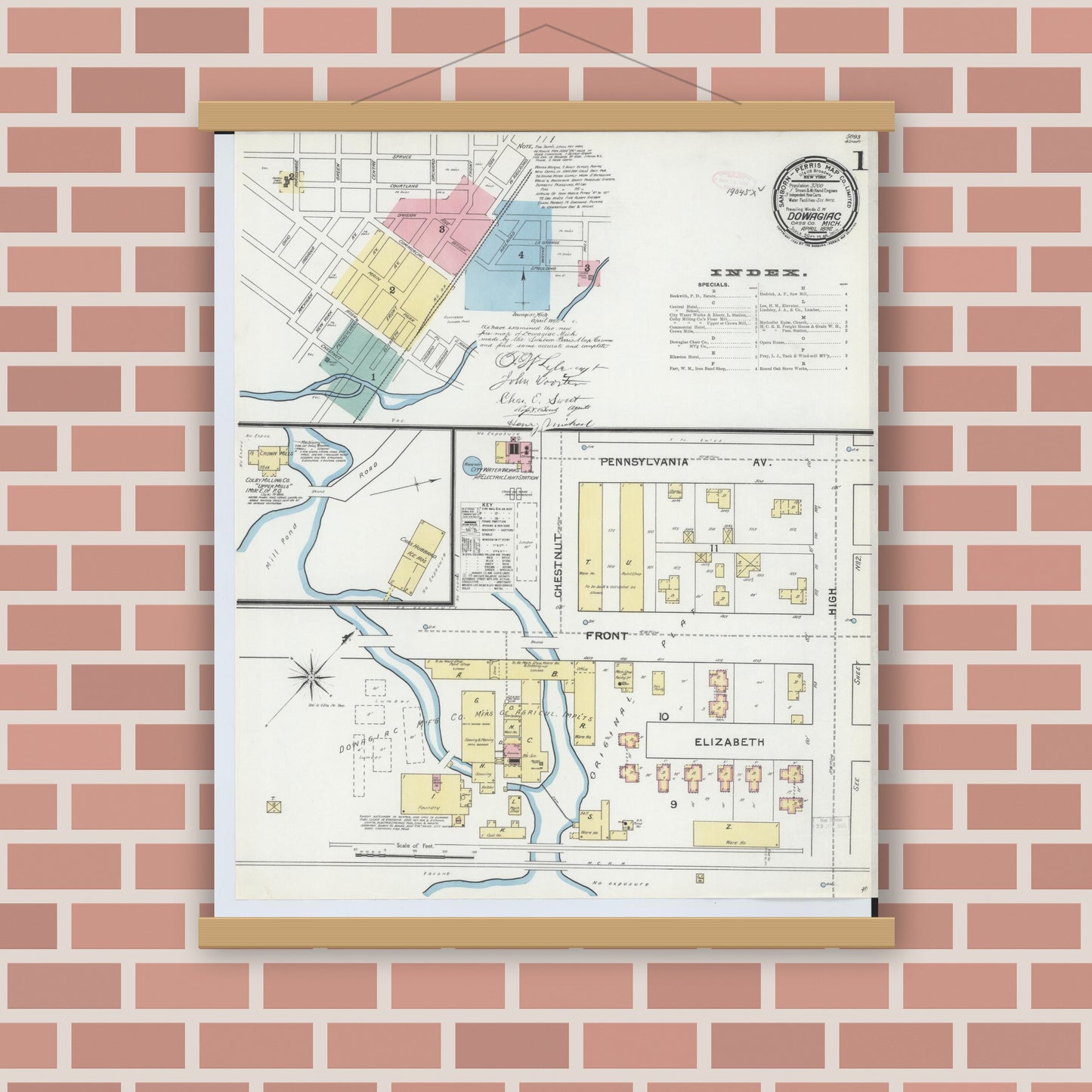 Old map wall art mockup — magnetic wood frame on brick wall — Sanborn Fire Insurance Map from Dowagiac, Cass County, Michigan (1892), Sheet #0001