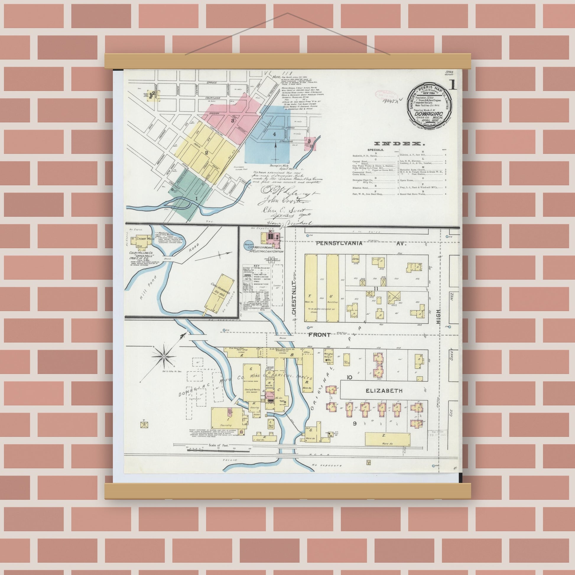 Old map wall art mockup — magnetic wood frame on brick wall — Sanborn Fire Insurance Map from Dowagiac, Cass County, Michigan (1892), Sheet #0001