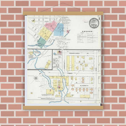 Old map wall art mockup — magnetic wood frame on brick wall — Sanborn Fire Insurance Map from Dowagiac, Cass County, Michigan (1892), Sheet #0001