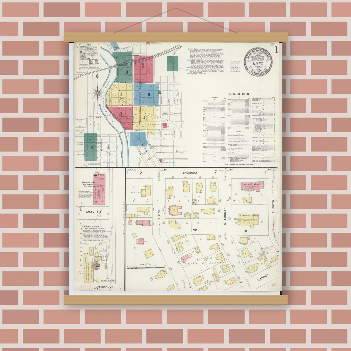 Old map wall art mockup — magnetic wood frame on brick wall — Sanborn Fire Insurance Map from Niles, Berrien County, Michigan (1907) - Complete Map Set