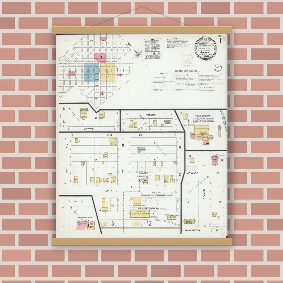 Old map wall art mockup — magnetic wood frame on brick wall — Sanborn Fire Insurance Map from Perham, Otter Tail County, Minnesota (1899) - Complete Map Set