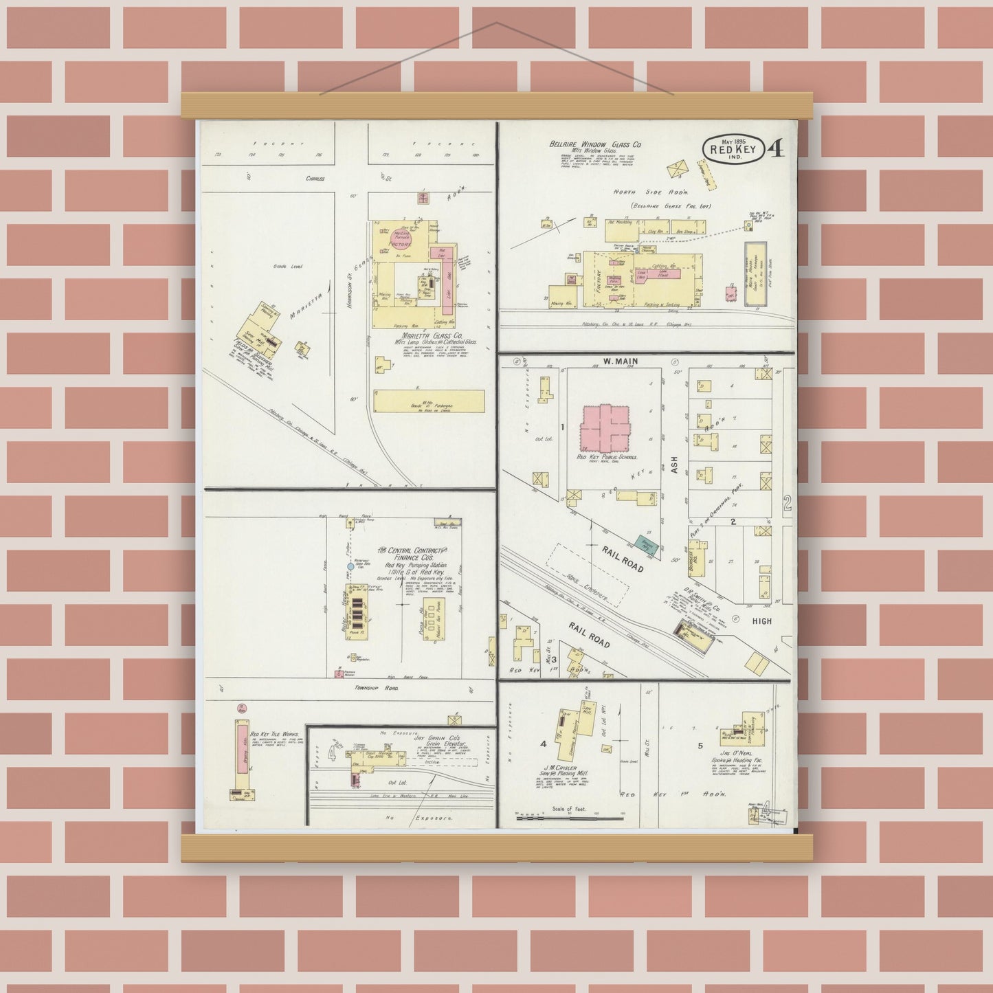 Old map wall art mockup — magnetic wood frame on brick wall — Sanborn Fire Insurance Map from Redkey, Jay County, Indiana (1895), Sheet #0004