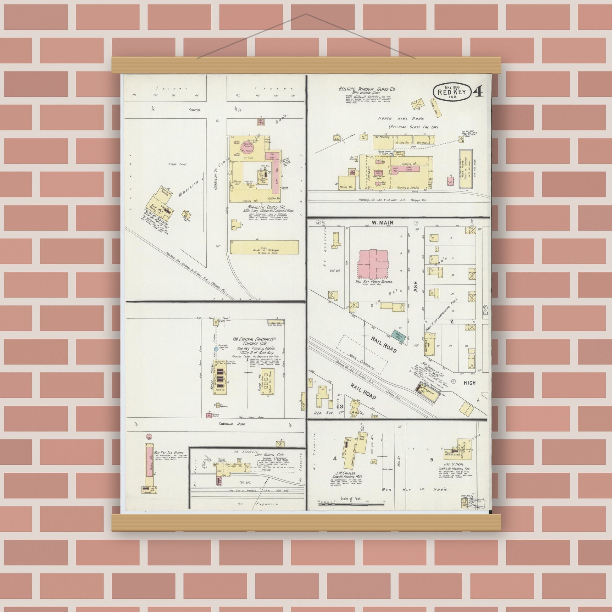 Old map wall art mockup — magnetic wood frame on brick wall — Sanborn Fire Insurance Map from Redkey, Jay County, Indiana (1895), Sheet #0004