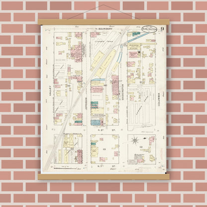 Old map wall art mockup — magnetic wood frame on brick wall — Sanborn Fire Insurance Map from Burlington, Des Moines County, Iowa (1888), Sheet #0009