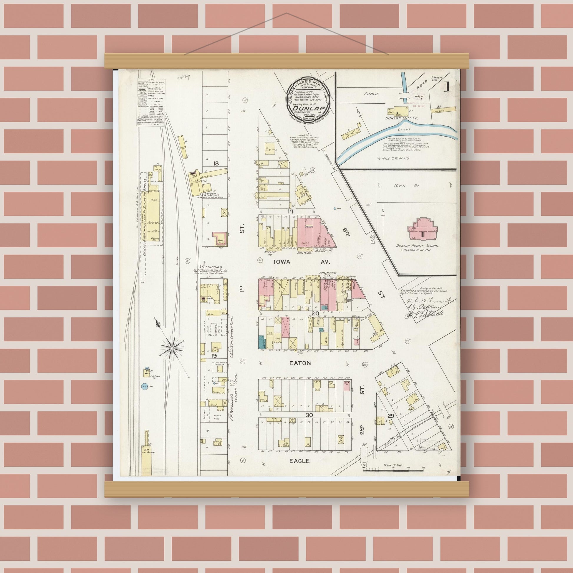 Old map wall art mockup — magnetic wood frame on brick wall — Sanborn Fire Insurance Map from Dunlap, Harrison County, Iowa (1893) â€” Complete Set