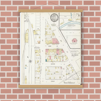 Old map wall art mockup — magnetic wood frame on brick wall — Sanborn Fire Insurance Map from Dunlap, Harrison County, Iowa (1893) â€” Complete Set