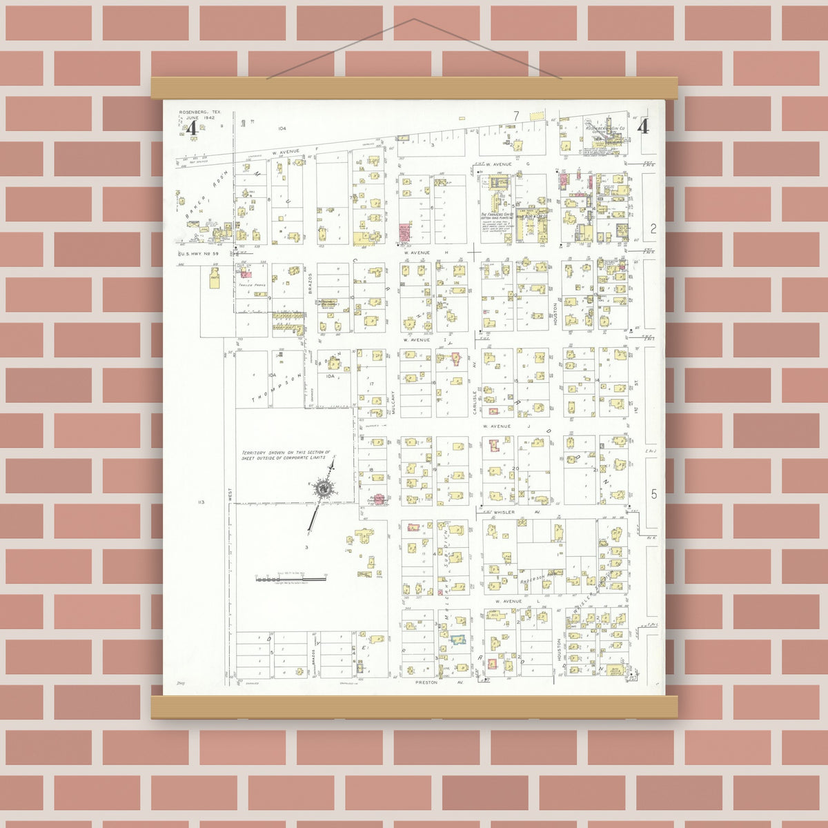 Old map wall art mockup — magnetic wood frame on brick wall — Sanborn Fire Insurance Map from Rosenberg, Fort Bend County, Texas (1942), Sheet #0004