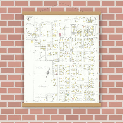 Old map wall art mockup — magnetic wood frame on brick wall — Sanborn Fire Insurance Map from Rosenberg, Fort Bend County, Texas (1942), Sheet #0004