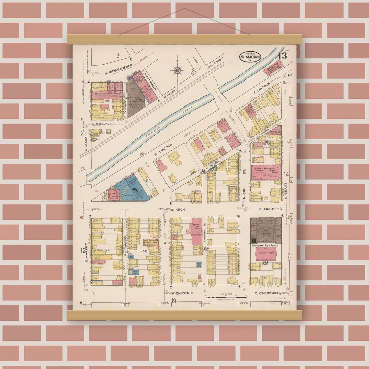 Old map wall art mockup — magnetic wood frame on brick wall — Sanborn Fire Insurance Map from Shamokin, Northumberland County, Pennsylvania (1922), Sheet #0013