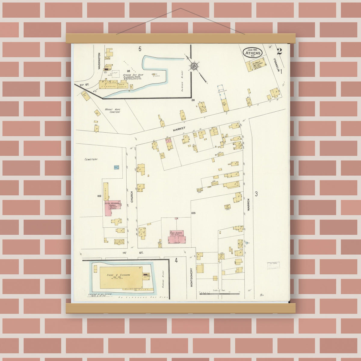 Old map wall art mockup — magnetic wood frame on brick wall — Sanborn Fire Insurance Map from Athens, Greene County, New York (1912), Sheet #0002
