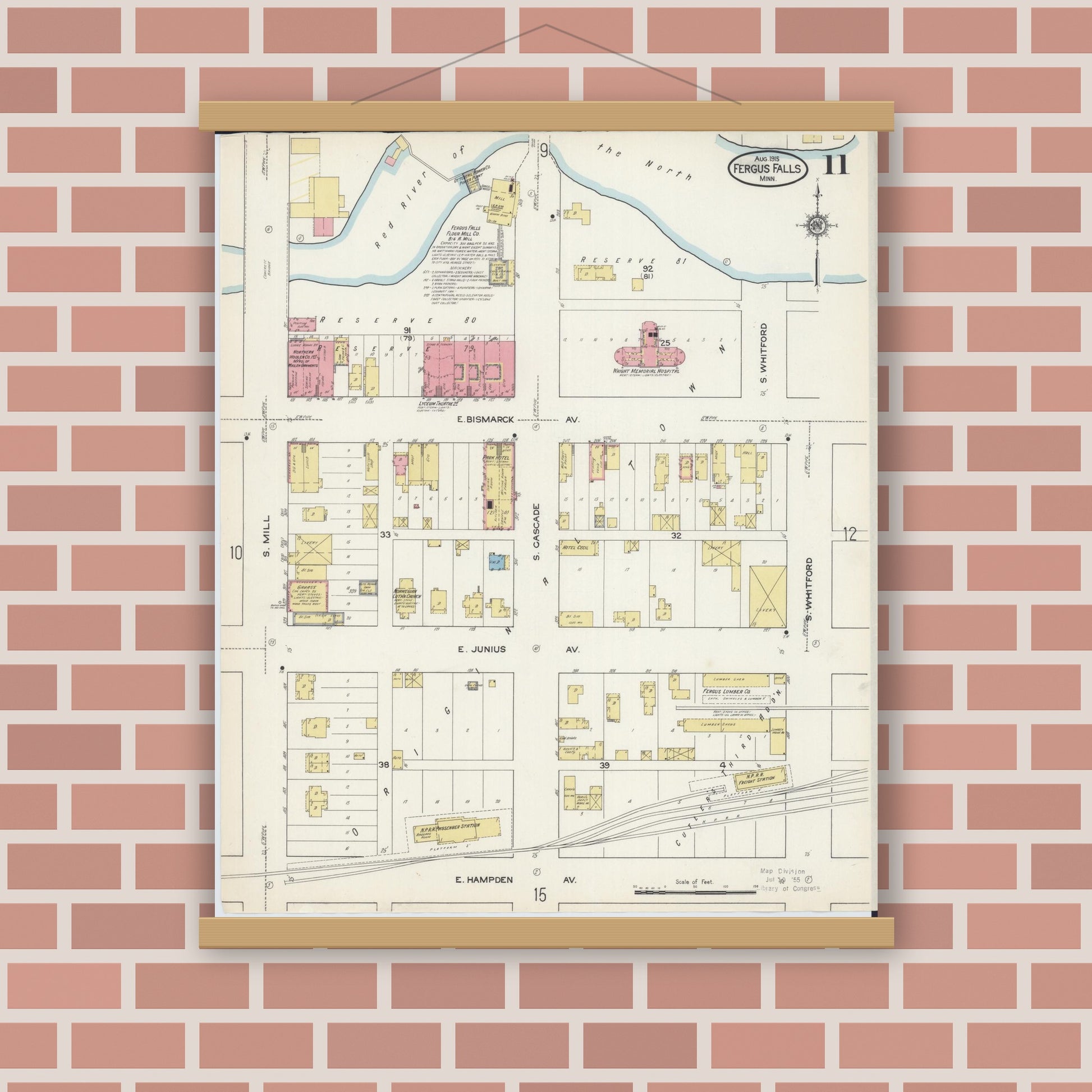 Old map wall art mockup — magnetic wood frame on brick wall — Sanborn Fire Insurance Map from Fergus Falls, Otter Tail County, Minnesota (1915), Sheet #0011