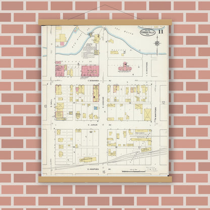 Old map wall art mockup — magnetic wood frame on brick wall — Sanborn Fire Insurance Map from Fergus Falls, Otter Tail County, Minnesota (1915), Sheet #0011