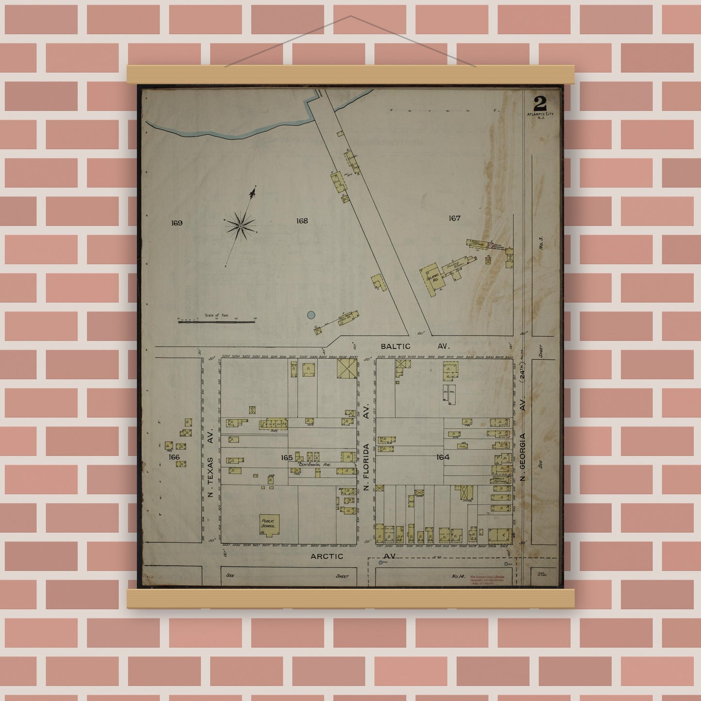 Old map wall art mockup — magnetic wood frame on brick wall — Sanborn Fire Insurance Map from Atlantic City, Atlantic County, New Jersey (1886) - Complete Map Set