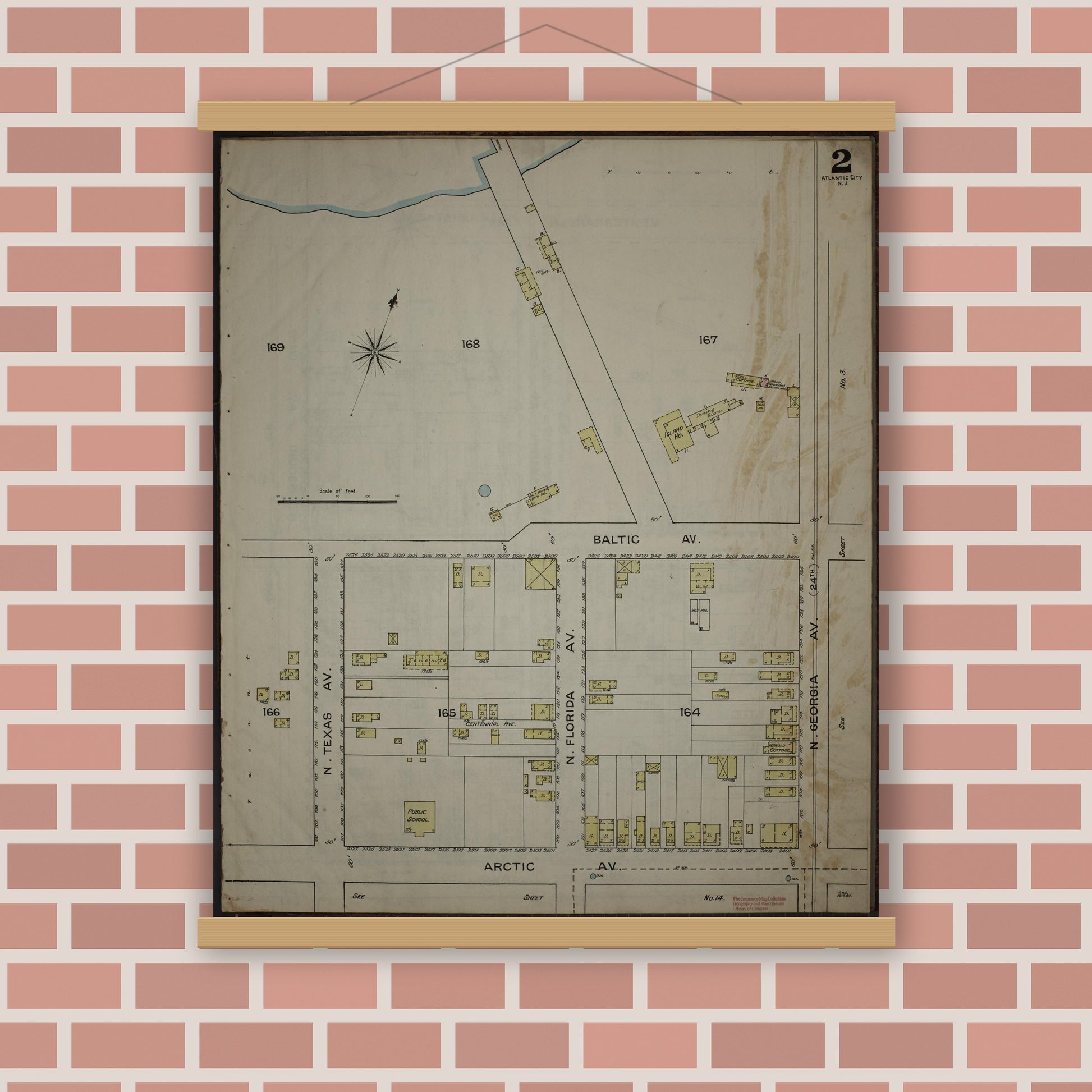 Old map wall art mockup — magnetic wood frame on brick wall — Sanborn Fire Insurance Map from Atlantic City, Atlantic County, New Jersey (1886) - Complete Map Set