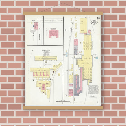 Old map wall art mockup — magnetic wood frame on brick wall — Sanborn Fire Insurance Map from Kane, McKean County, Pennsylvania (1909), Sheet #0019
