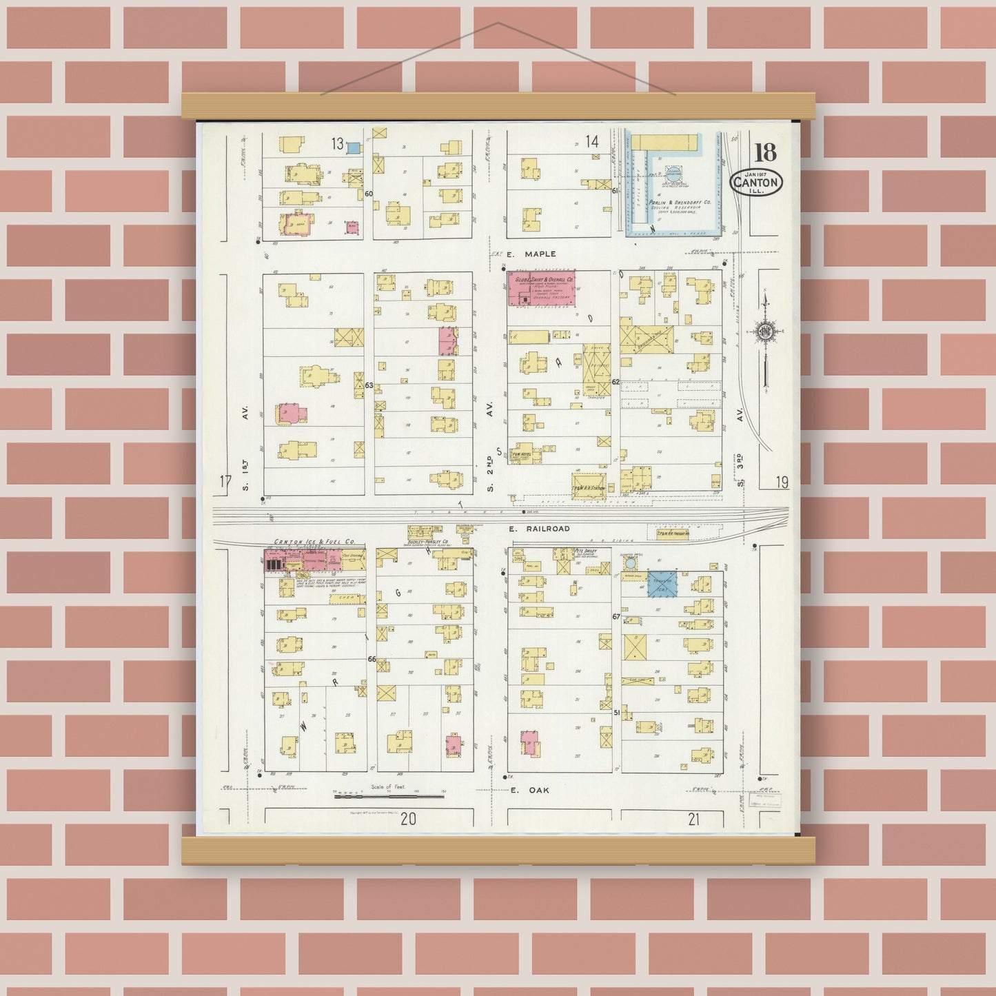 Old map wall art mockup — magnetic wood frame on brick wall — Sanborn Fire Insurance Map from Canton, Fulton County, Illinois (1917), Sheet #0018