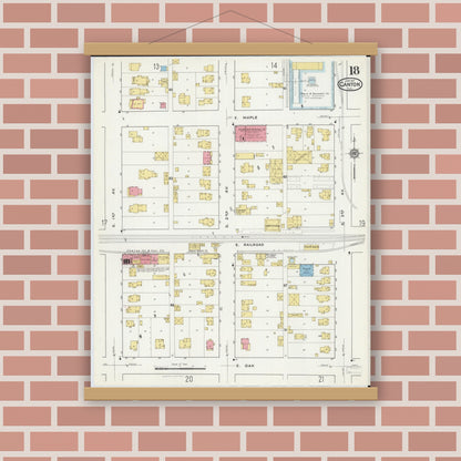 Old map wall art mockup — magnetic wood frame on brick wall — Sanborn Fire Insurance Map from Canton, Fulton County, Illinois (1917), Sheet #0018