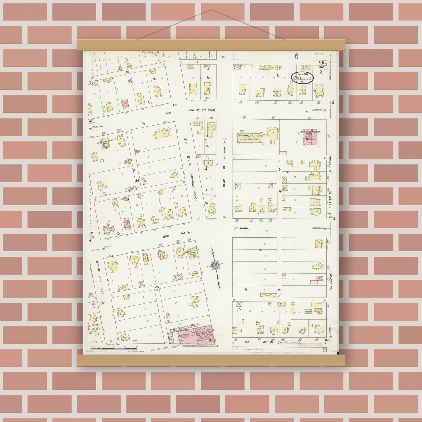 Old map wall art mockup — magnetic wood frame on brick wall — Sanborn Fire Insurance Map from Cresco, Howard County, Iowa (1914), Sheet #0002