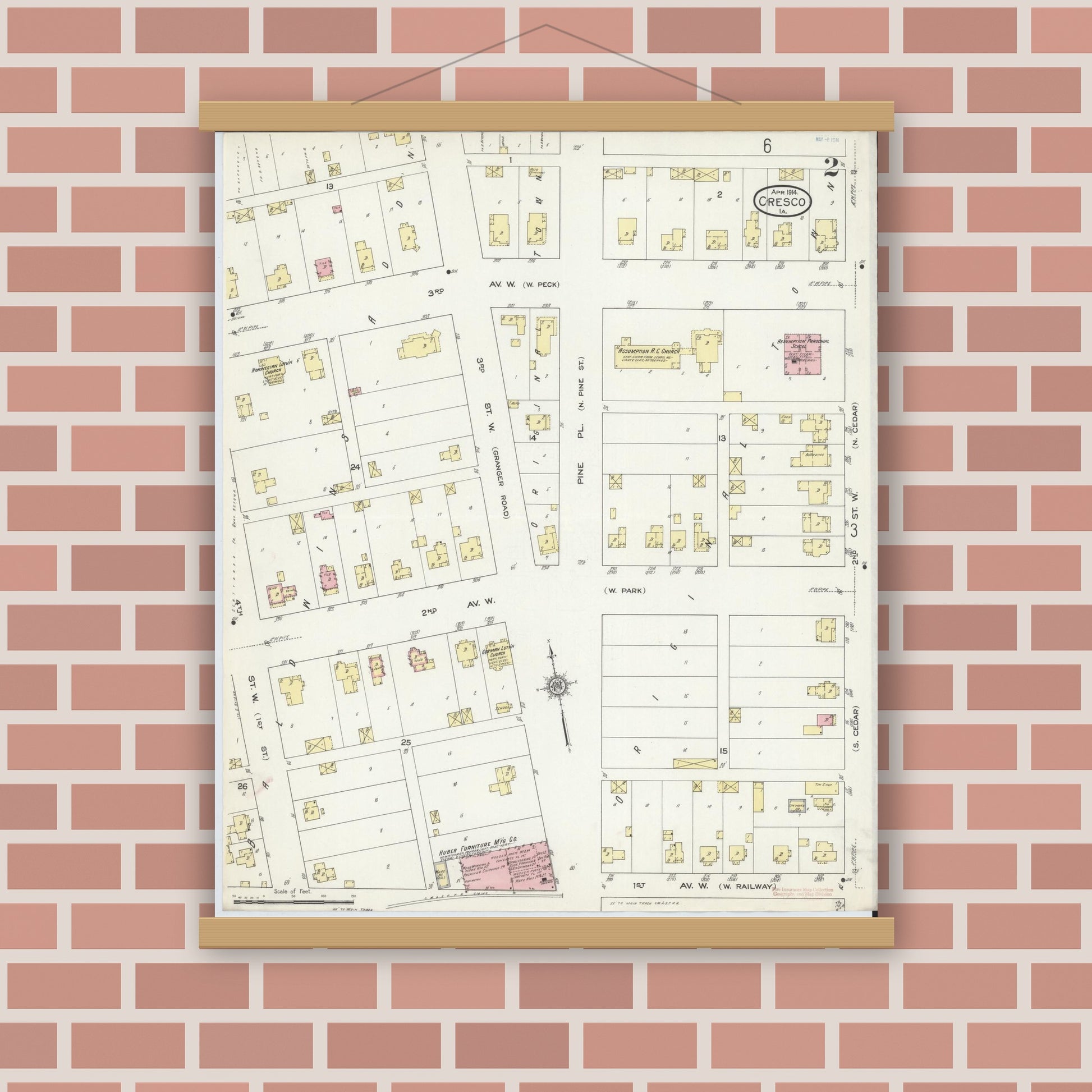 Old map wall art mockup — magnetic wood frame on brick wall — Sanborn Fire Insurance Map from Cresco, Howard County, Iowa (1914), Sheet #0002