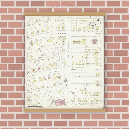 Old map wall art mockup — magnetic wood frame on brick wall — Sanborn Fire Insurance Map from Cresco, Howard County, Iowa (1914), Sheet #0002