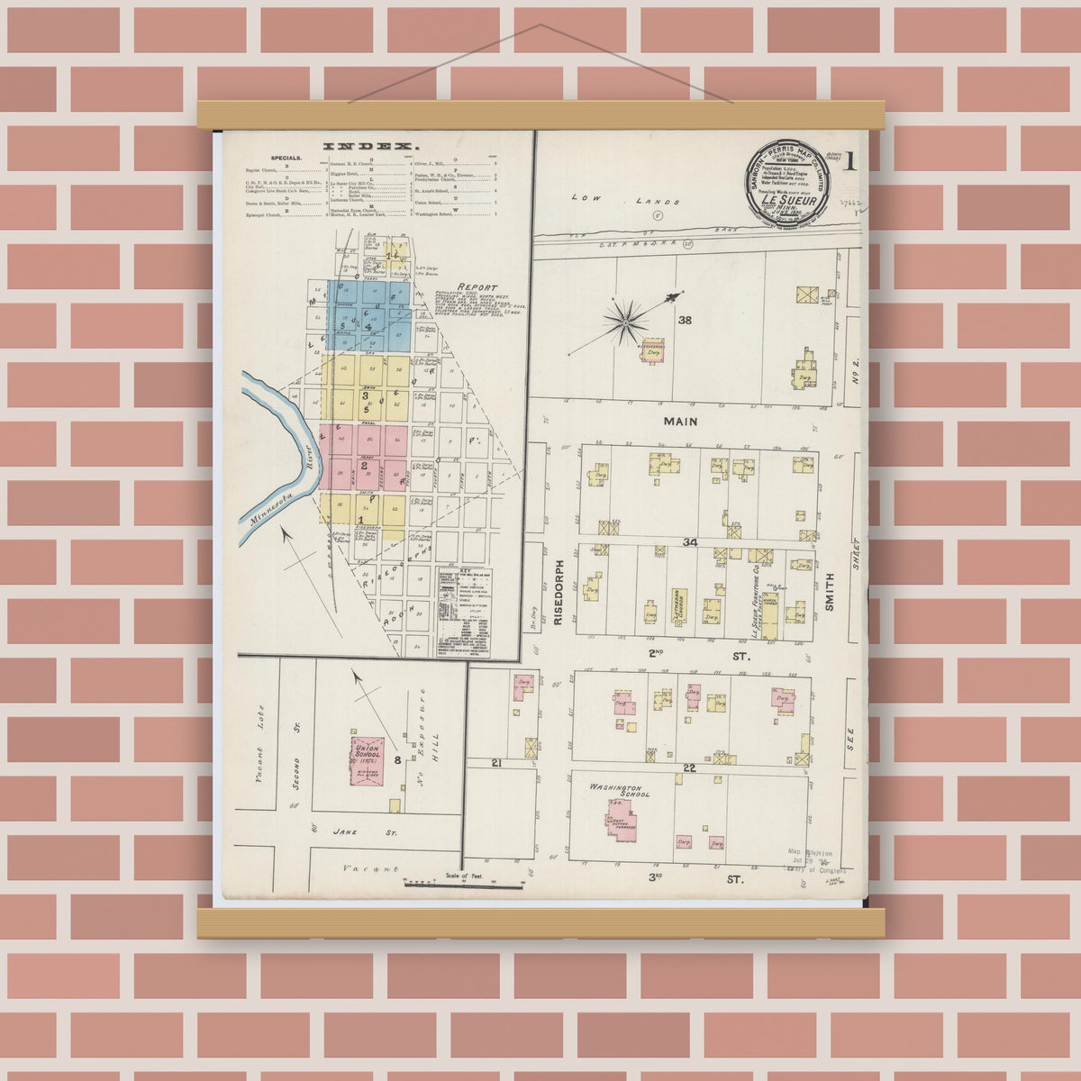 Old map wall art mockup — magnetic wood frame on brick wall — Sanborn Fire Insurance Map from Le Sueur, Le Sueur County, Minnesota (1890) - Complete Map Set