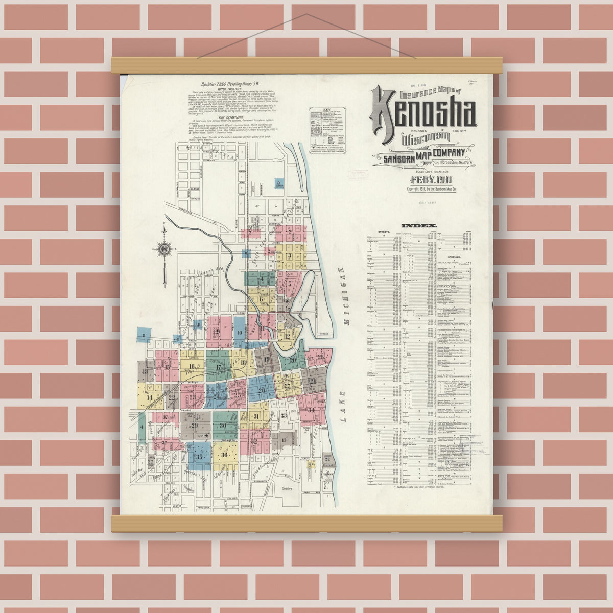 Old map wall art mockup — magnetic wood frame on brick wall — Sanborn Fire Insurance Map from Kenosha, Kenosha County, Wisconsin (1911), Sheet #0001